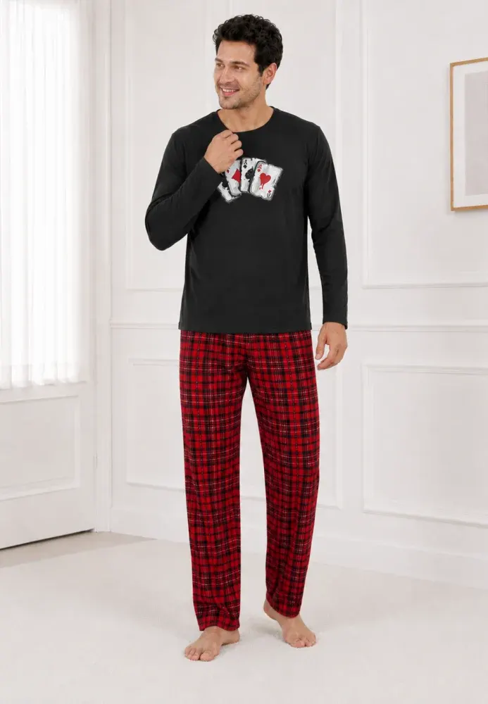 Pijama barbat negru cu carouri rosi