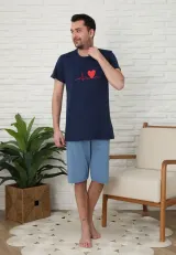 Pijama familie-bărbați 3/4 , culoare bleumarin, imprimeu puls