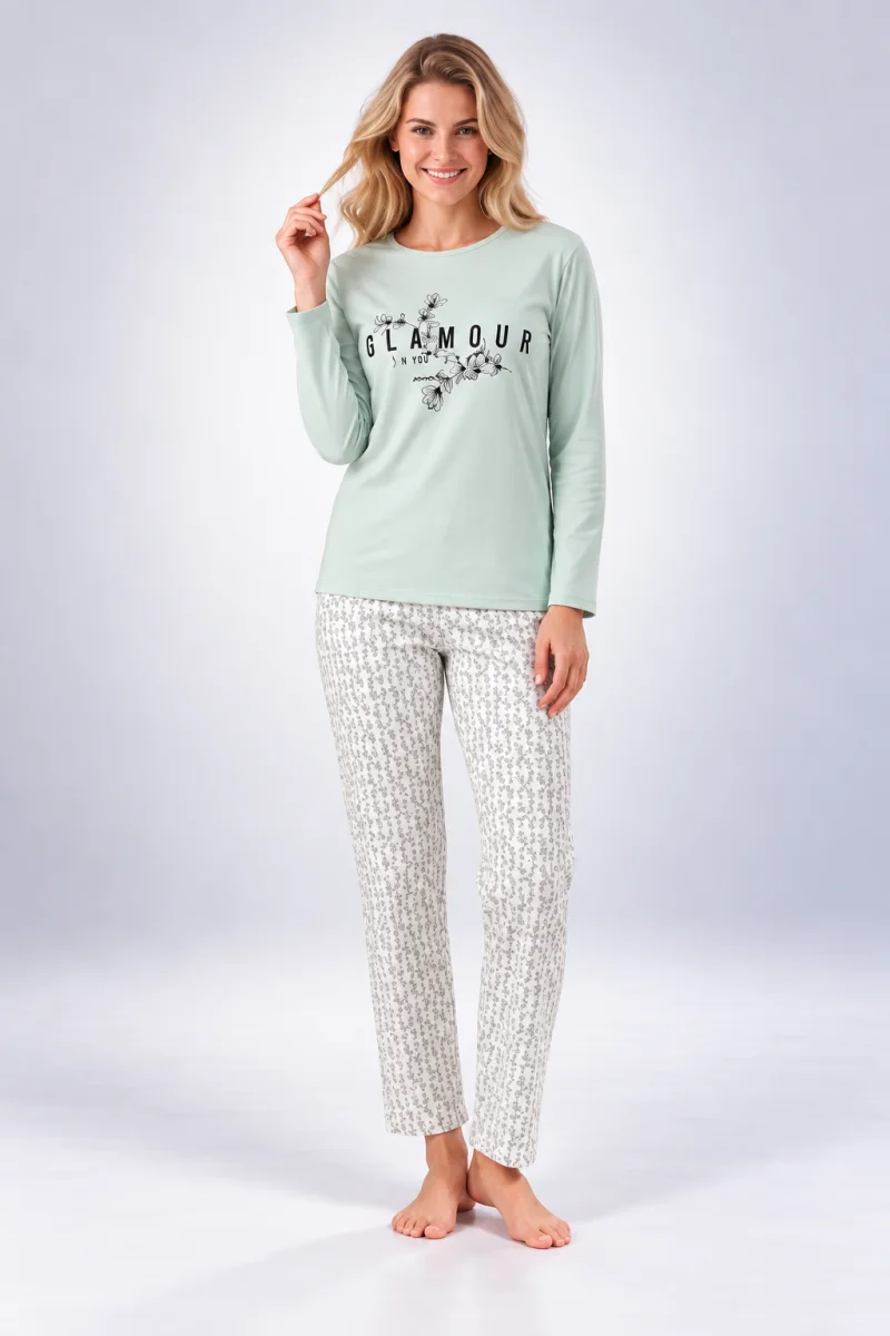 Pijama damă cu mânecă lungă și pantaloni lungi cu imprimeu