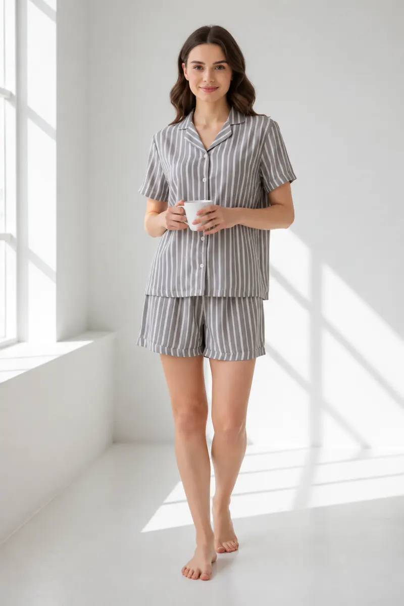Pijama damă cu bluză cu nasturi, mânecă scurtă și pantaloni scurți, imprimeu dungi, roz/gri