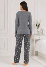 Pijama de dama gri cu maneca lunga si pantaloni gri lungi