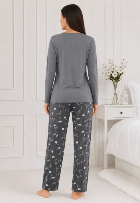 Pijama de dama gri cu maneca lunga si pantaloni gri lungi