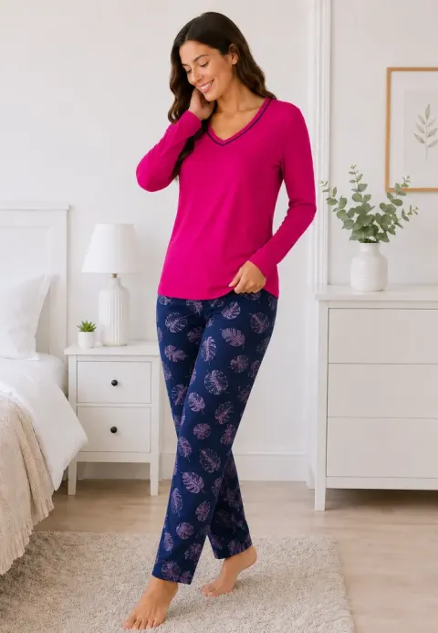 Pijama de dama fucsia cu maneca lunga si pantaloni lungi blumarin cu frunze