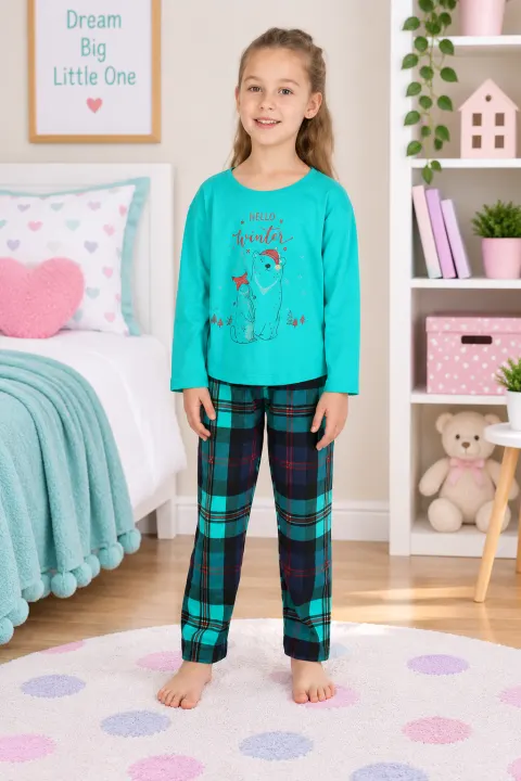 Pijama copii cu mânecă lungă și pantaloni lungi – imprimeu „Hello Winter”, verde