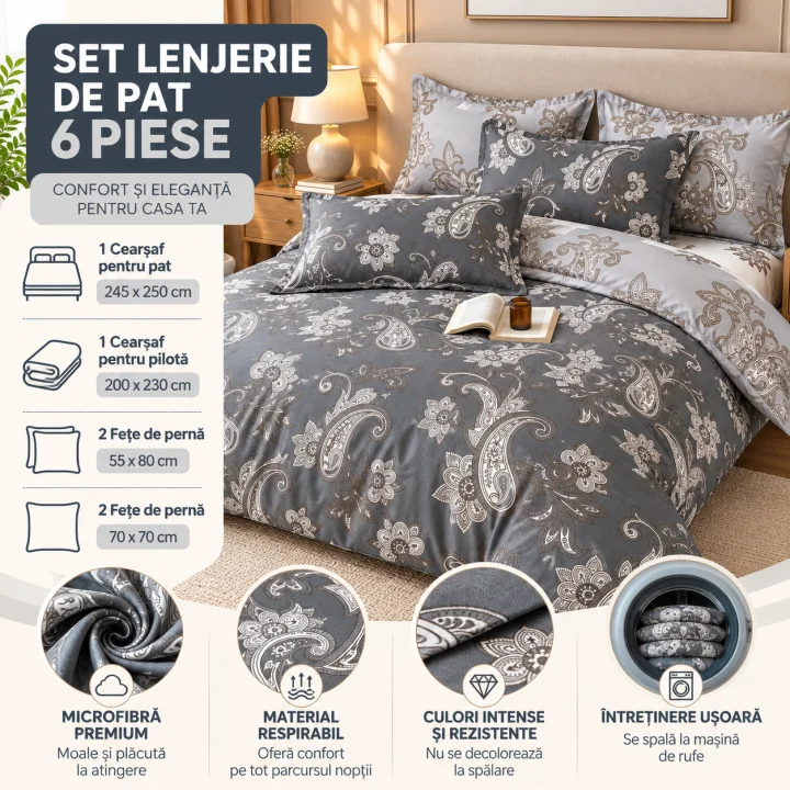 Set Lenjerie de Pat Dublu din Microfibră Premium, 6 Piese, Cearșaf 245x250 cm
