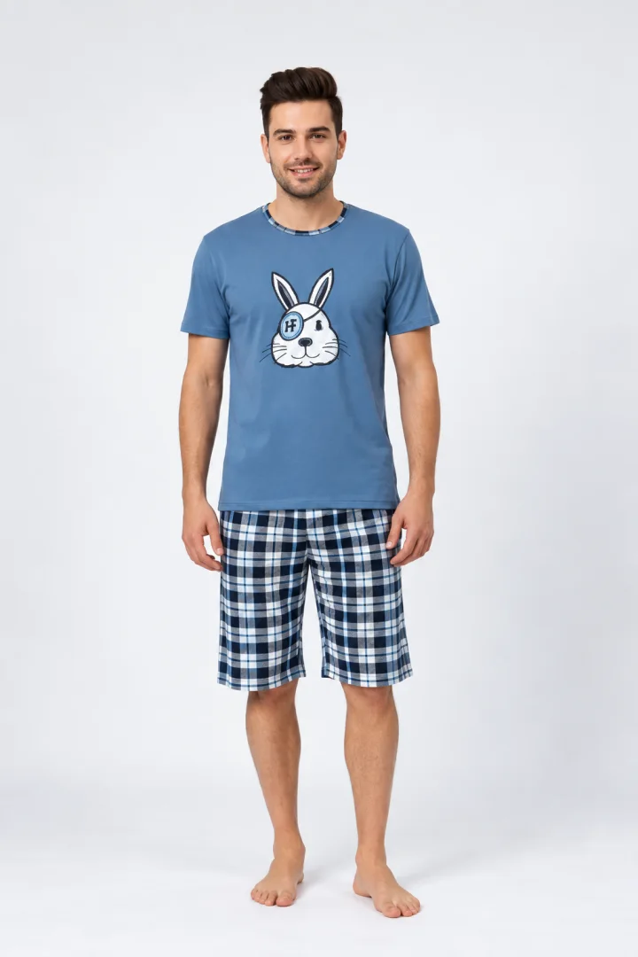 Pijama bărbat pantaloni 3/4, imprimeu iepure pirat, albastru