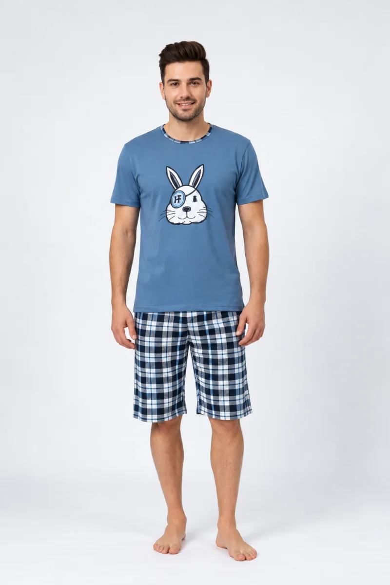 Pijama bărbat pantaloni 3/4, imprimeu iepure pirat, albastru