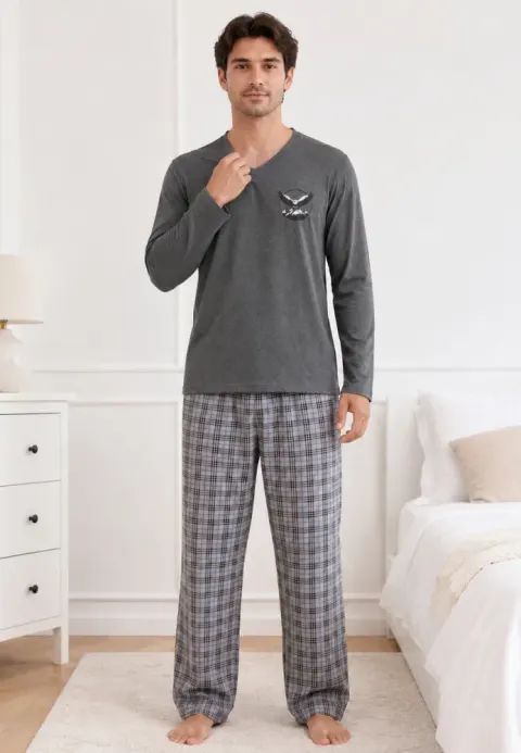 Pijama barbat gri cu carouri gri
