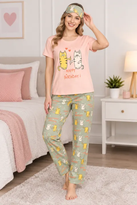 Pijama Dama  – Set cu Tricou și Pantaloni Lungi si Masca de Dormit, roz