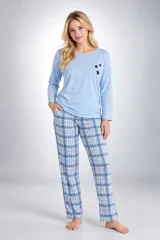 Pijama damă albastră, cu mânecă lungă și pantaloni lungi