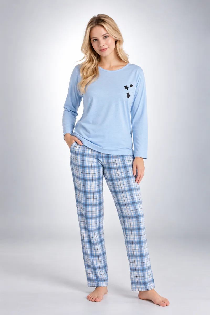 Pijama damă albastră, cu mânecă lungă și pantaloni lungi