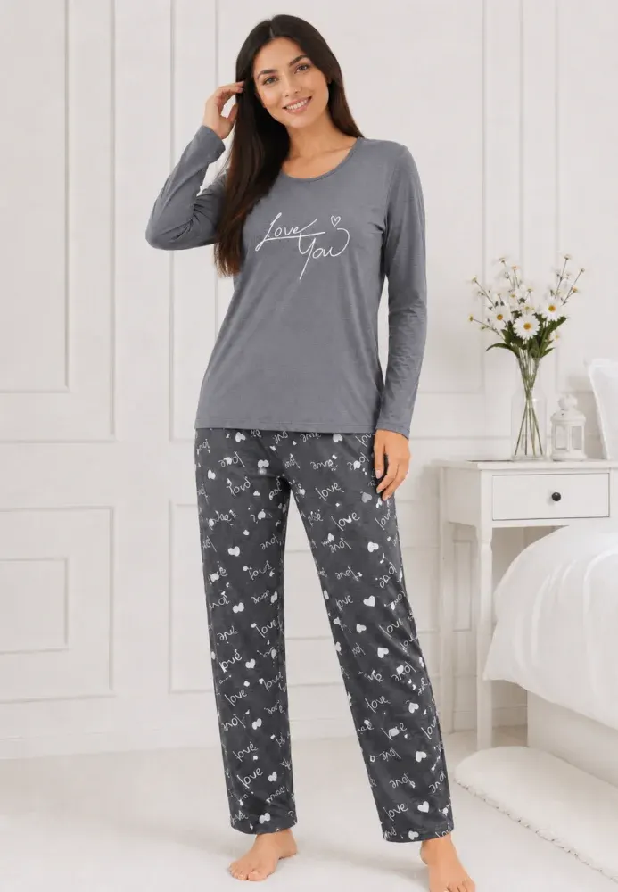 Pijama de dama gri cu maneca lunga si pantaloni gri lungi