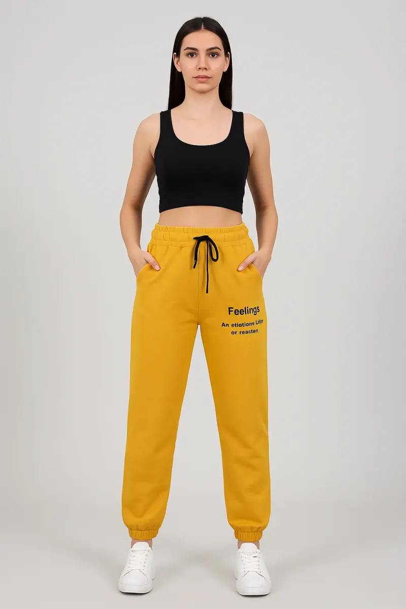 Pantaloni de trening damă mustar cu imprimeu "Feeling