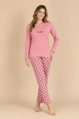 Pijama damă roz cu imprimeu „HELLO” cu pantaloni lungi cu buline