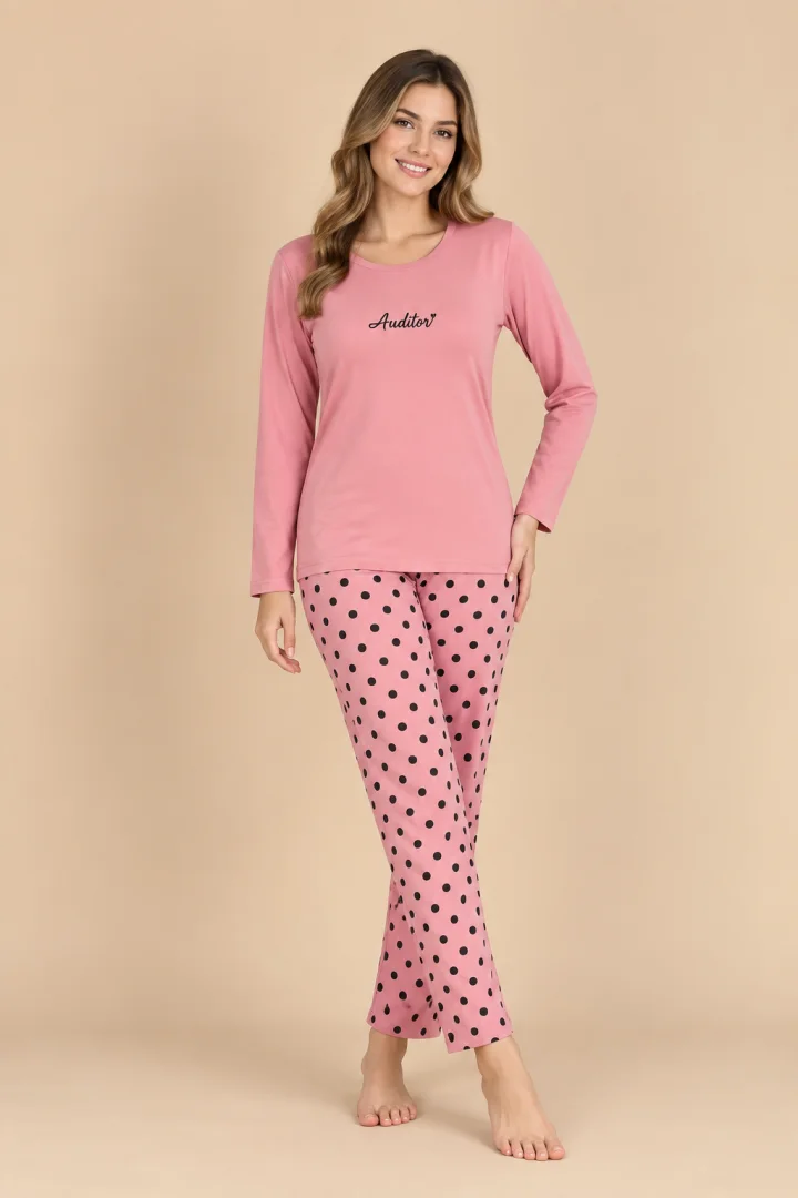 Pijama damă roz cu imprimeu „HELLO” cu pantaloni lungi cu buline