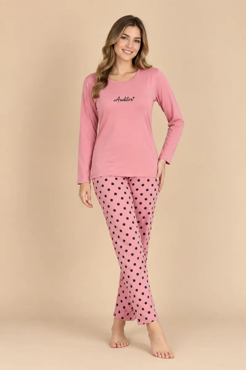 Pijama damă roz cu imprimeu „HELLO” cu pantaloni lungi cu buline