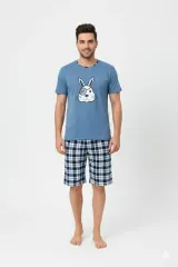 Pijama bărbat pantaloni 3/4, imprimeu iepure pirat, albastru