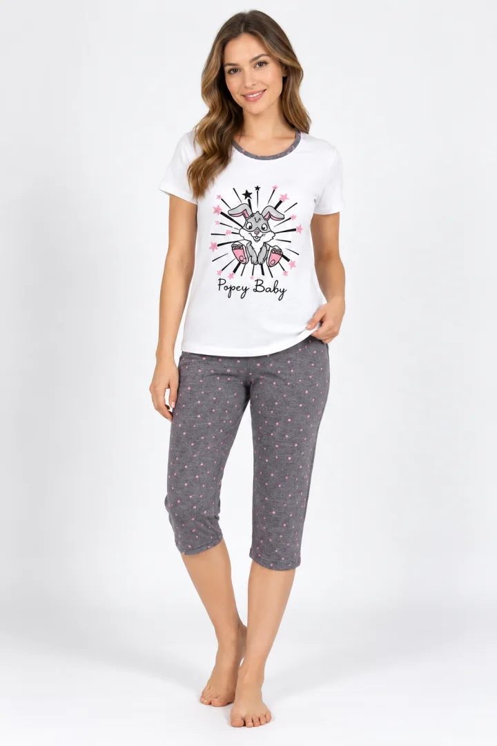 Pijama dama din bumbac, imprimeu ,,Popey Baby'', alb