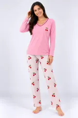 Pijama de dama roz pal cu maneca lunga si pantaloni lungi