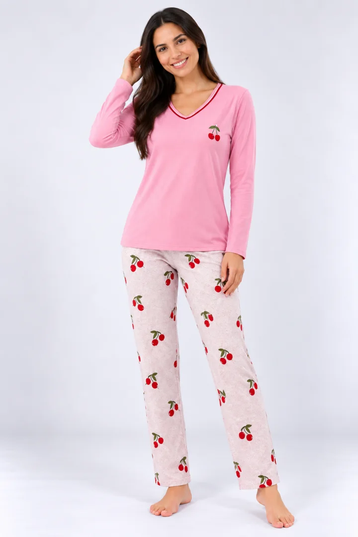 Pijama de dama roz pal cu maneca lunga si pantaloni lungi