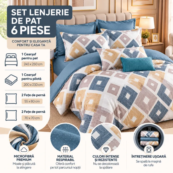 Set Lenjerie de Pat Dublu din Microfibră Premium, 6 Piese, Cearșaf 245x250 cm