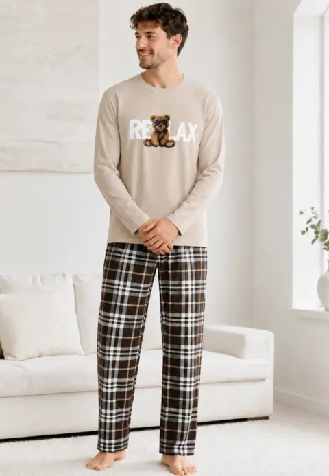 Pijama barbat bej cu carouri maro