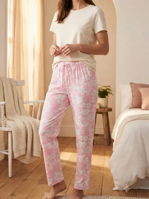 Pantaloni de pijama de dama alb cu roz