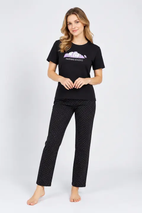 Pijama damă, cu mânecă scurtă și pantaloni lungi, negru