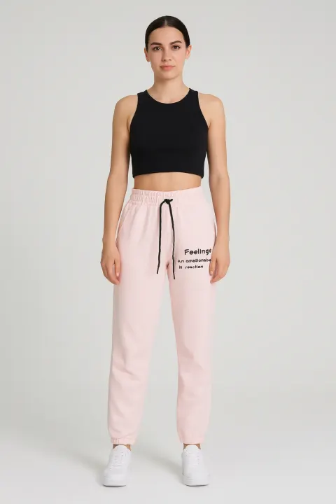 Pantaloni de trening damă roz cu imprimeu "Feeling