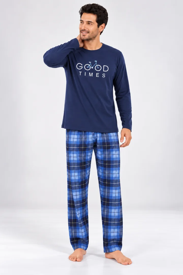 Pijama barbat blumarin cu carouri albastre
