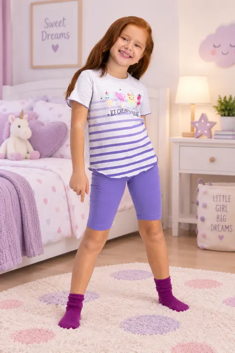 Pijama fetițe din bumbac cu tricou și pantaloni 3/4 – imprimeu înghețată, mov