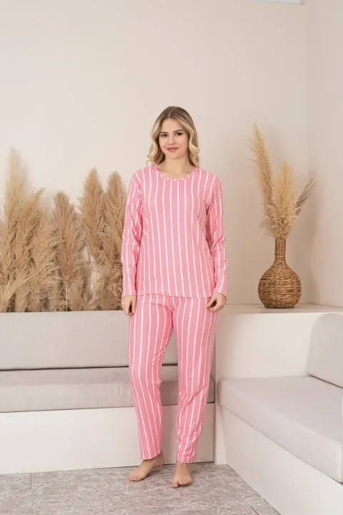 Pijama Damă Roz cu Dungi Albe