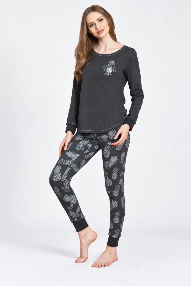 Pijamale damă cu mânecă și pantaloni lungi, imprimeu Ananas