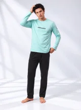 Pijama bărbați cu mânecă lungă și pantaloni lungi cu imprimeu