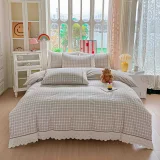 Lenjerie de Pat din 100% Bumbac cu Dantelă, 4 Piese, Cearșaf cu Elastic 180x200 cm