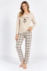 Pijama damă Big Size bej cu imprimeu „Cozy Night”