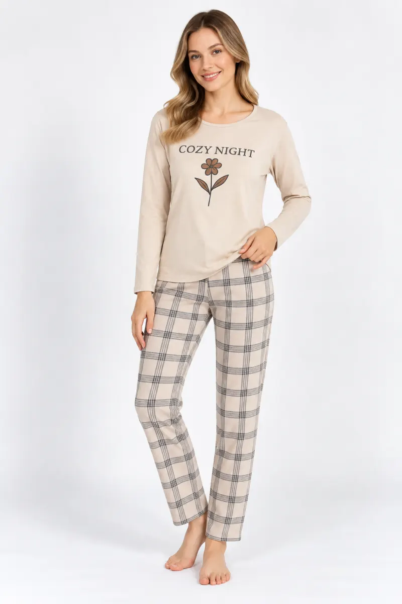 Pijama damă Big Size bej cu imprimeu „Cozy Night”