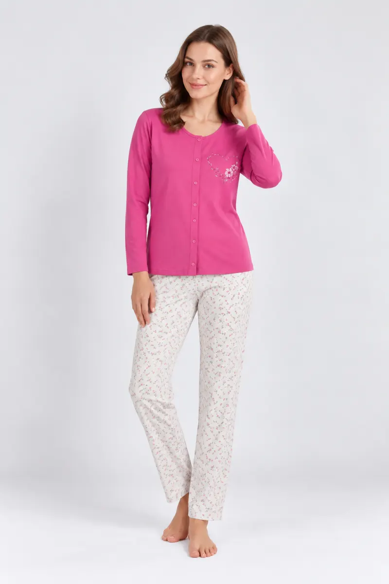 Pijama damă big size, mânecă lungă și pantaloni lungi Fucsia