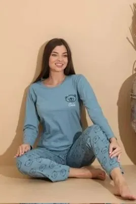 Pijama damă albastru deschis, bluză „Cute” cu ursuleț  cu imprimeu ursuleți