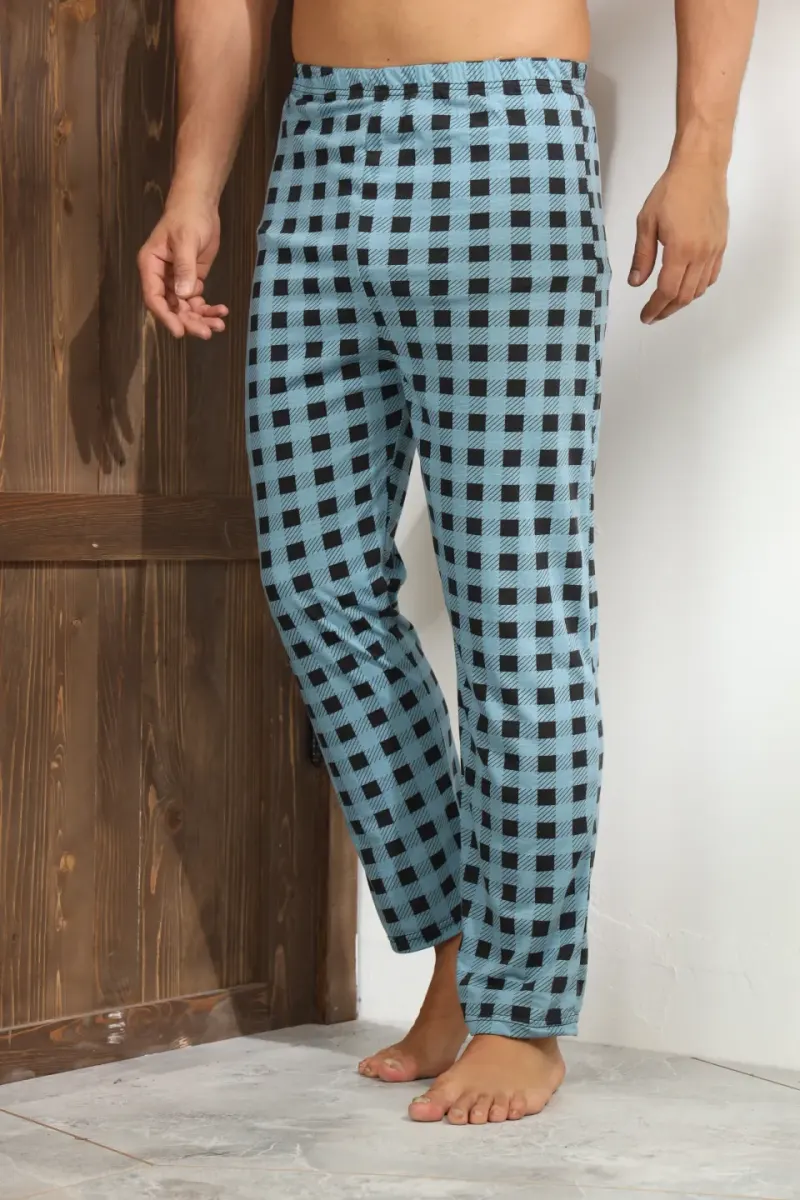Pantaloni pijama bărbați, albaștri cu pătrățele negre
