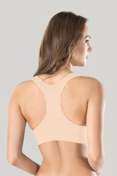 Bustieră sport damă Miss Fit elastică, cu bretele late, fără cusături și spate racerback, bej