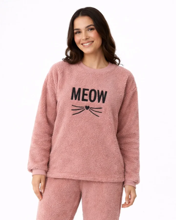 Pijamale damă cocolino roz pudră cu imprimeu „Meow”