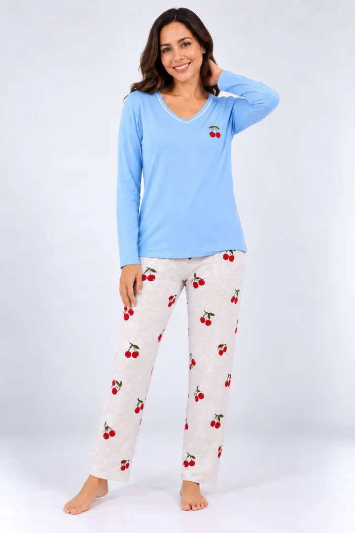 Pijama de dama blue cu maneca lunga si pantaloni lungi