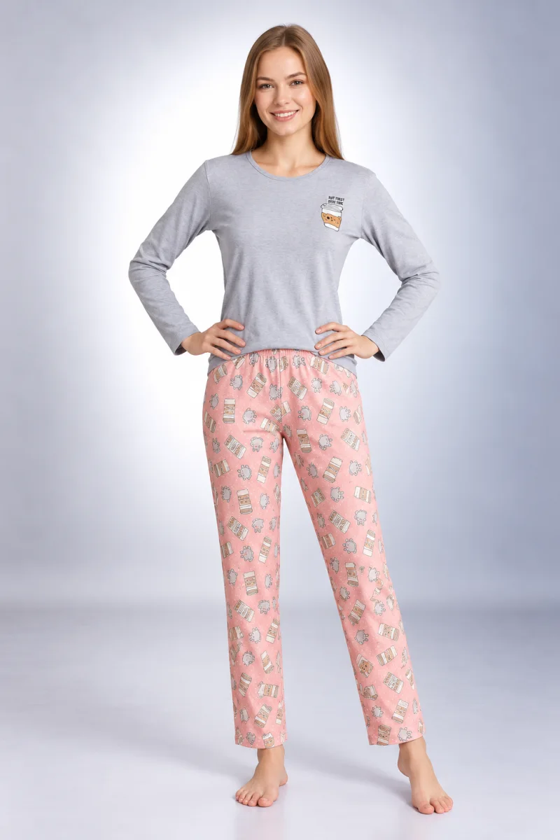Pijama damă cu bluză gri cu mânecă lungă și pantaloni lungi roz