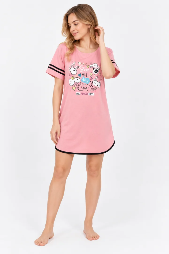 Rochie casual damă din bumbac 100%, cu mânecă scurtă și imprimeu „Sleep”, roz