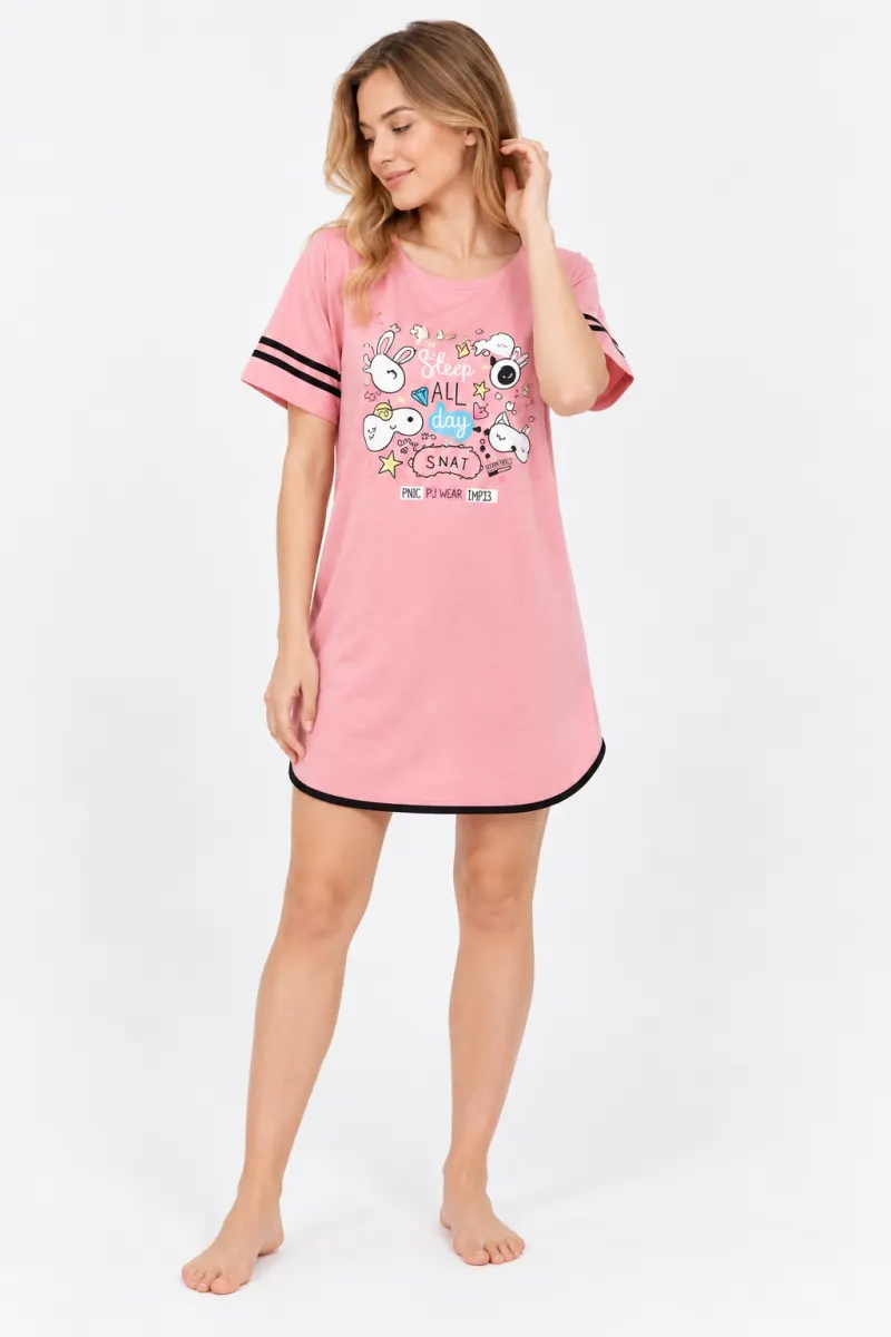 Rochie casual damă din bumbac 100%, cu mânecă scurtă și imprimeu „Sleep”, roz