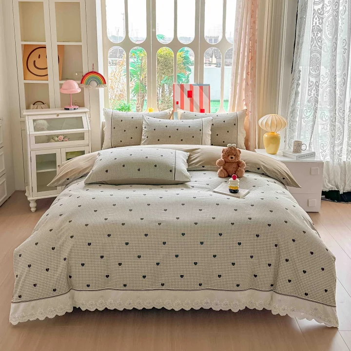Lenjerie de Pat din 100% Bumbac cu Dantelă, 4 Piese, Cearșaf cu Elastic 180x200 cm