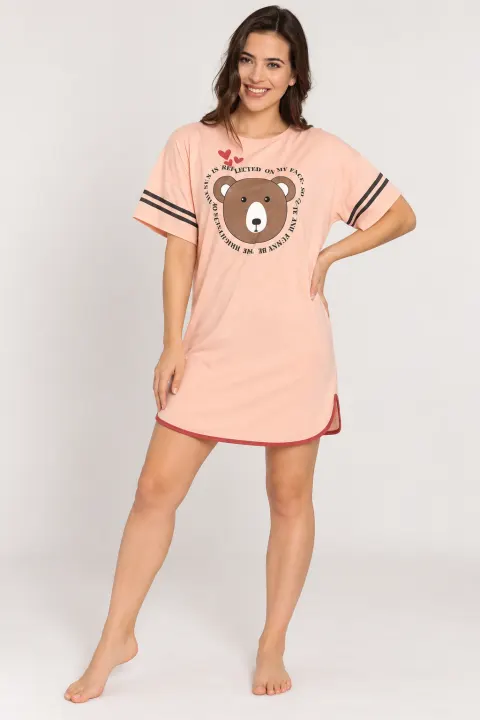 Rochie casual damă din bumbac 100%, cu mânecă scurtă și imprimeu ursuleț, roz