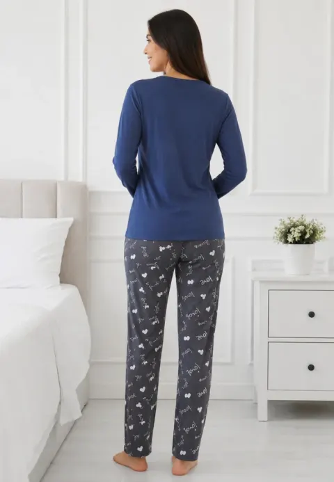 Pijama de dama blumarin cu maneca lunga si pantaloni gri lungi