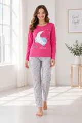 Pijama damă  mânecă lungă și pantaloni lungi ROZ cu GRI